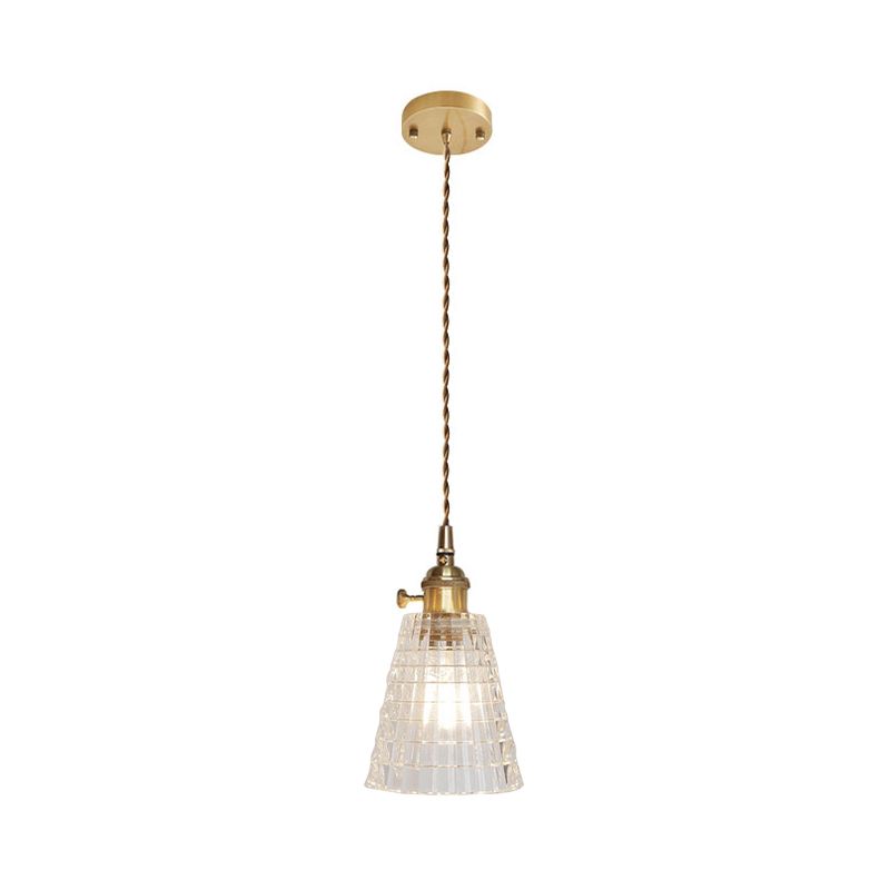 Brass Bowl/Flared Hanging Lamp Fixture Antique Clear Lattice/Grid Glass 1 Bulb Dining Room Ceiling Pendant Light