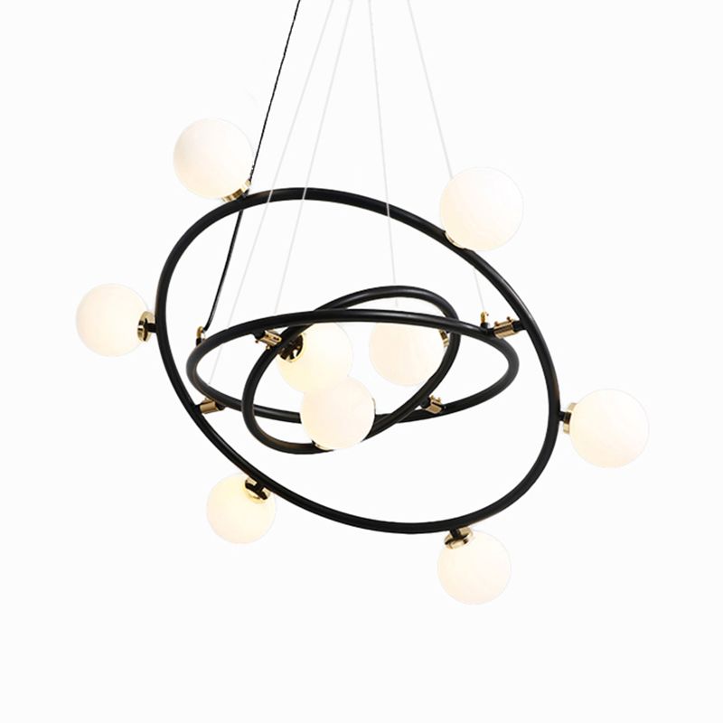 Contemporary Style 9/12/15 Lights Chandelier Black Round Suspension Light with Opal Glass Shade