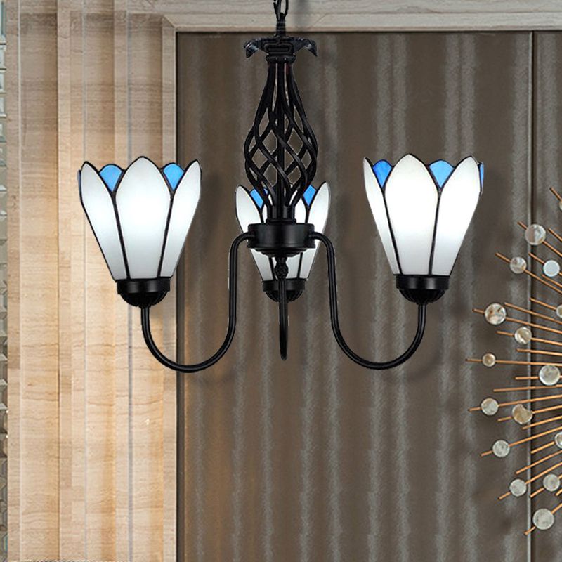 Floral Hanging Ceiling Light 3 Lights White Glass Traditional Chandelier with Curved Arm for Bedroom