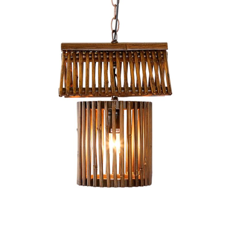 House Shape Drop Pendant Rustic Bamboo 1-Light Brown Hanging Ceiling Light for Living Room