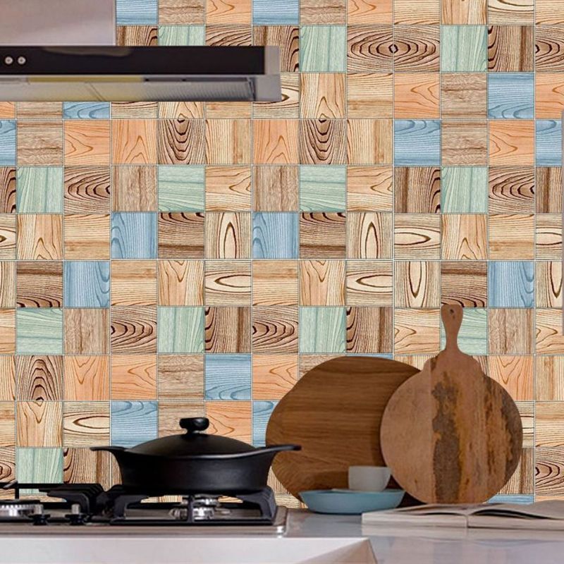 Splicing Wood Grain Wallpaper Panel Industrial Smooth Wall Art in Blue-Brown, Stick On