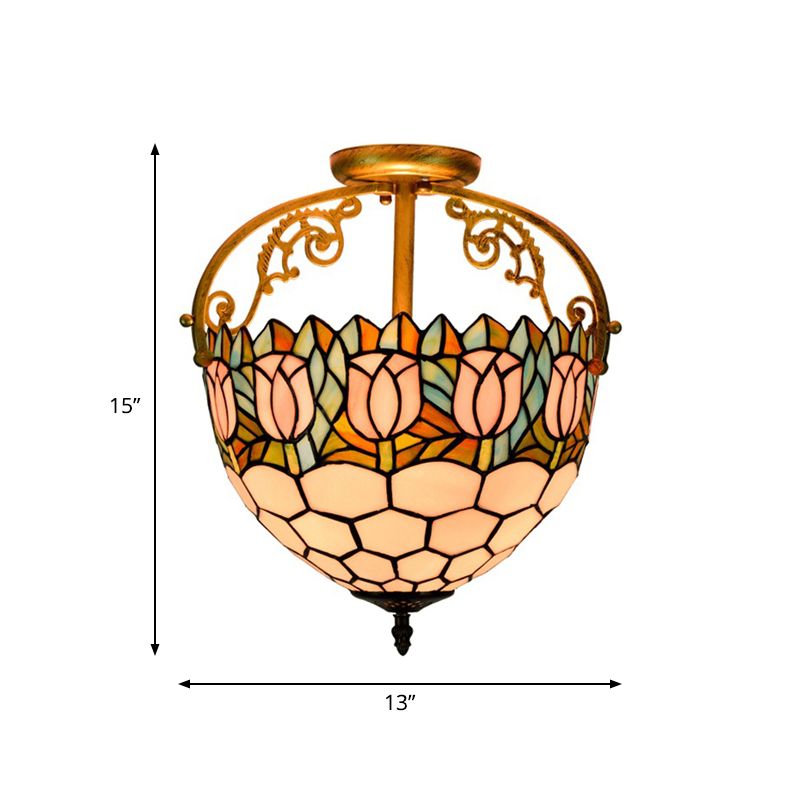 Floral Semi-Flush Mount Tiffany Stained Glass 2 Lights Beige Ceiling Light Fixture for Kitchen