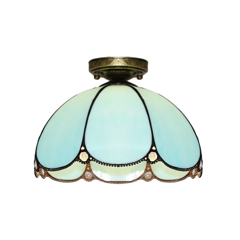 Vintage Scalloped Flush Light Stained Glass 1 Light Flush Mount Light in White/Beige/Blue/Clear/Blue and Clear for Living Room