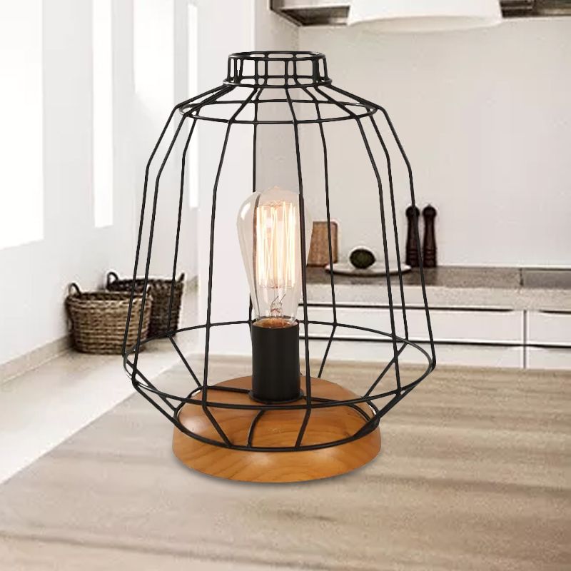 1 Bulb Table Lamp Industrial Stylish Pear/Barrel Shade Metal and Wood Task Lamp with Wire Guard in Black for Bedroom