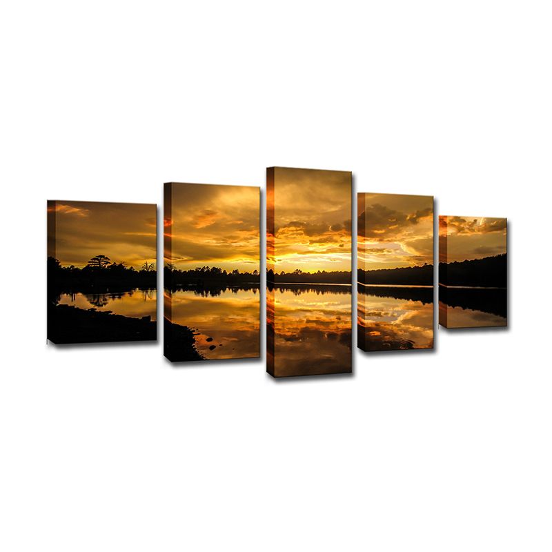 Kaibab Lake Sunset Scenery Canvas Gold Glam Wall Art for Sitting Room, Textured