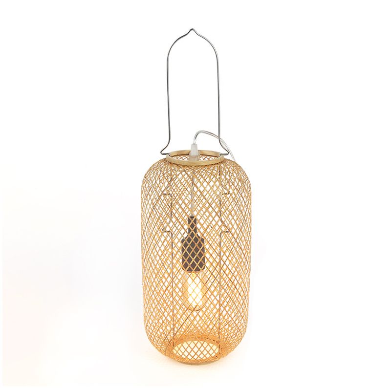 Asia-Style 1-Head Night Table Light Flaxen Cylinder Cage Nightstand Lamp with Bamboo Rattan Shade