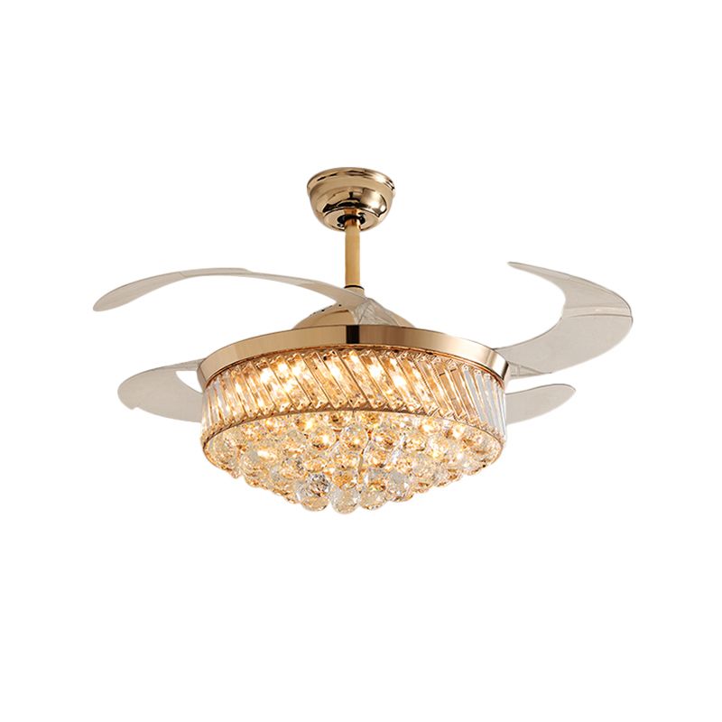 42" W K9 Crystal Tapered Fan Lamp Modern Dining Room LED Semi Flush Ceiling Light in Gold, 4 Blades