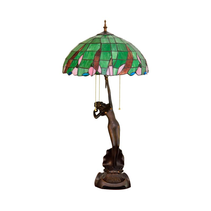 Coffee Female Dancer Nightstand Light Tiffany 3 Bulbs Resin Pull-Chain Table Lighting with Green Glass Shade