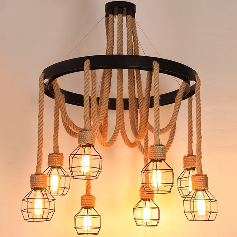 Black Dangling Suspension Light Rustic Style Hemp Rope Restaurant Chandelier Light