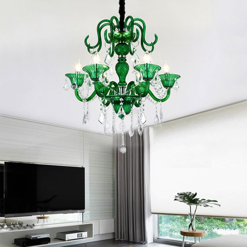 6 Heads Living Room Pendant Chandelier Retro Green Hanging Light Kit with Branch Crystal Shade