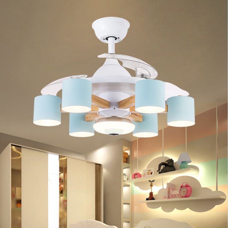 Cilíndrico nórdico Semi Flush Acrylic 42 "W 6 Cabezas Luz de ventilador colgante de sala de estar con 3 cuchillas transparentes en azul/blanco