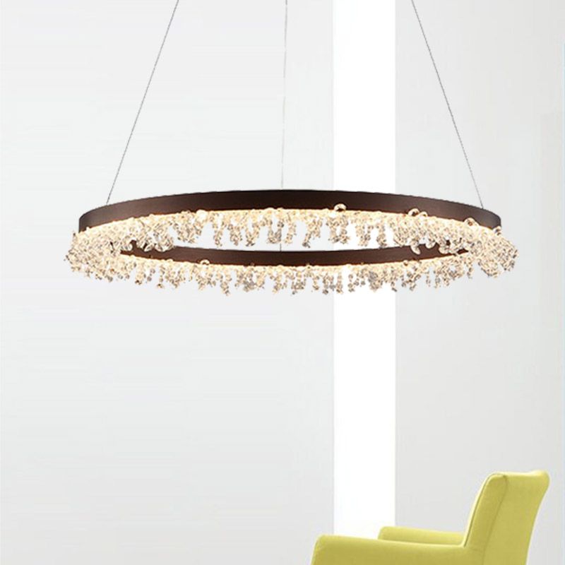 Ring Pendant Light Kit Simple Style Crystal Beaded Brown LED Chandelier Lamp, 16"/23.5" Wide