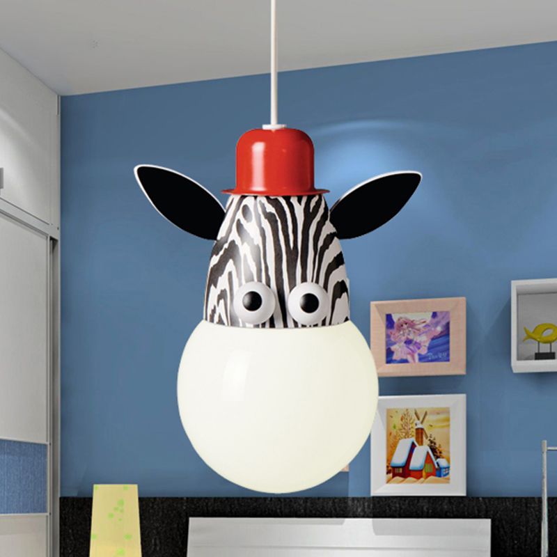 Kids Horse/Giraffe/Monkey Pendant Lamp White Glass 1-Head Children Bedroom Suspended Lighting Fixture