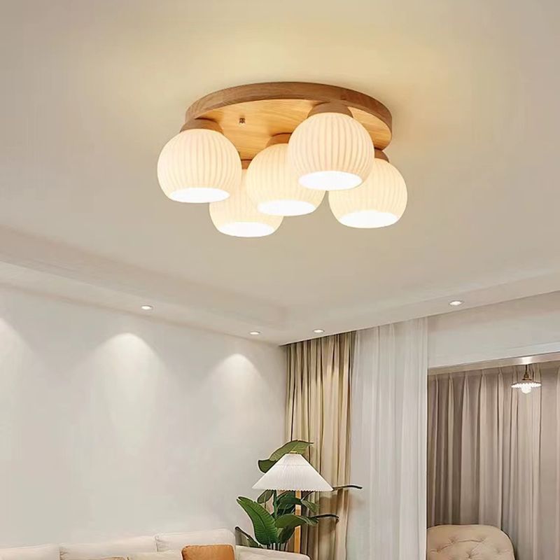 Modern Ceiling Light Wooden Ceiling Mount Light with Glass Shade for Bedroom