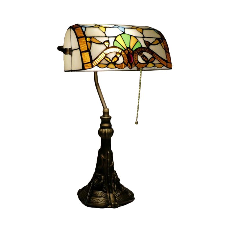 Bronze 1-Bulb Pull Chain Desk Light Mediterranean Hand Cut Glass Rollover Shade Nightstand Lamp with Plug-In Cord