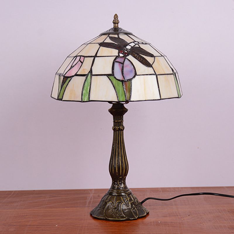 1-Light Nightstand Lamp Tiffany Dragonfly on Rose Orange/Pink/Beige Table Lighting with Bowl Shade