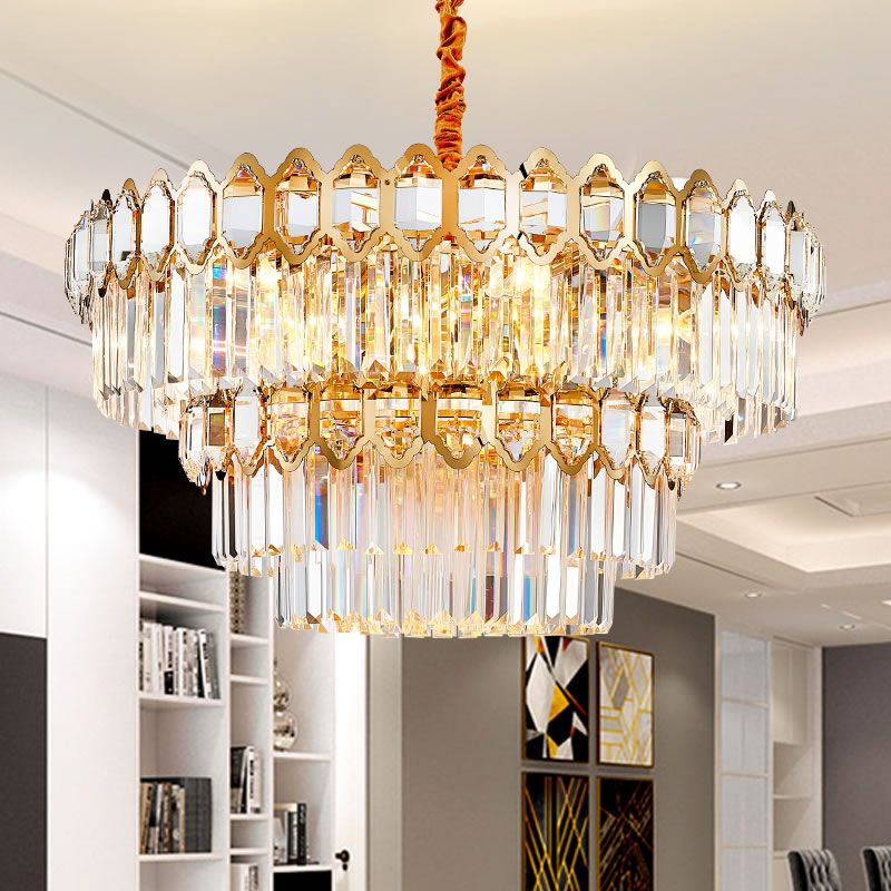 Modern Layered Chandelier Light Faceted Clear Crystal Prism 8 Lights Gold Hanging Light Kit