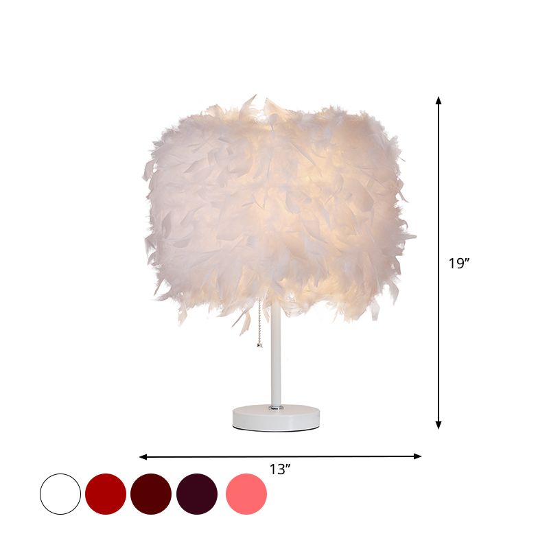 White/Red/Pink Cylindrical Table Lamp Romantic Modern 1 Bulb Feather Pull-Chain Nightstand Light