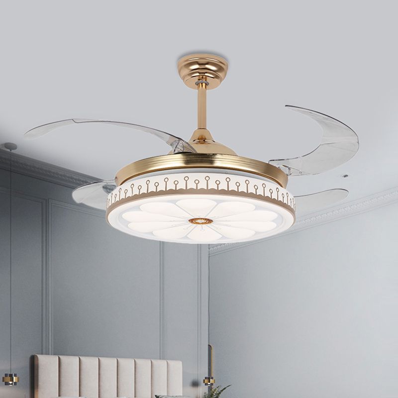 LED 42" W Round Fan Lamp Modern Gold Metal 4 Blades Semi Flush Mount Lighting for Bedroom, Remote/Wall Control/Remote and Wall Control