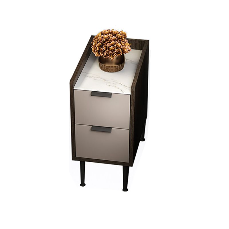 Espresso Wood and Off-White Night Table  Modern Stone and Pearl Wood Bedside Cabinet