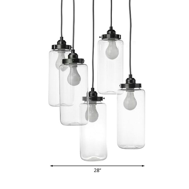 Schwarzer Zylinder Multi-Anhänger mit runden Baldachin Industrial Clear Glass 5-Light-Café-Hänge-Deckenleuchte