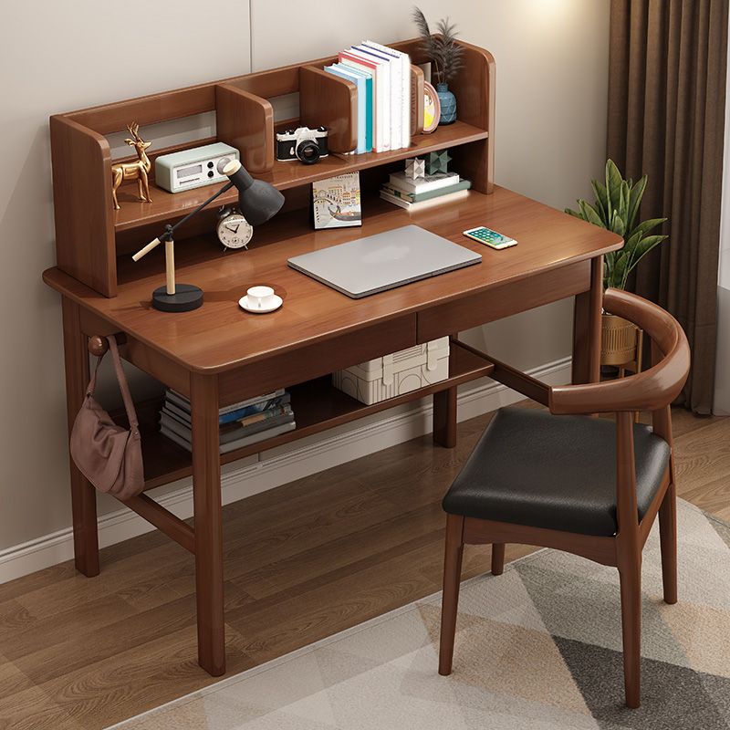 Contemporary Solid Wood Writing Desk with Shelves and 2 Drawers