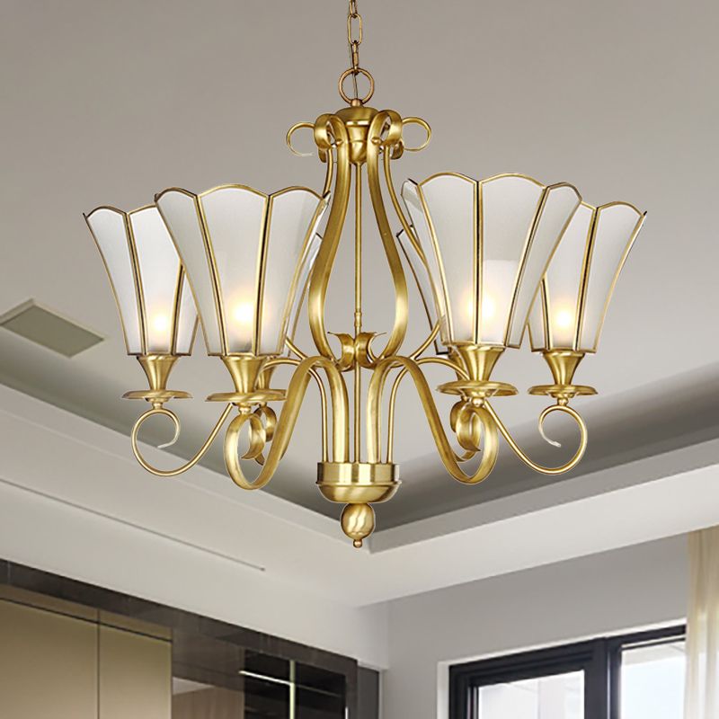 White Frosted Glass Floral Pendant Chandelier Colonialist 6 Lights Bedroom Suspended Lighting Fixture in Brass