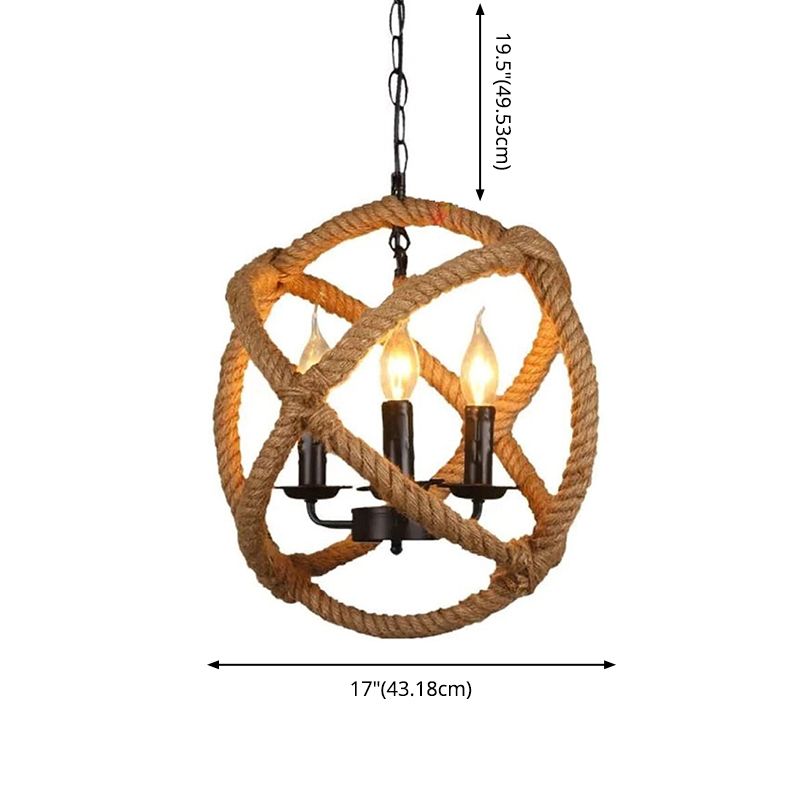 Loft Rope-Wrapped Globe Chandelier Lighting Fixture Rope Hanging Lamp Kit in Beige