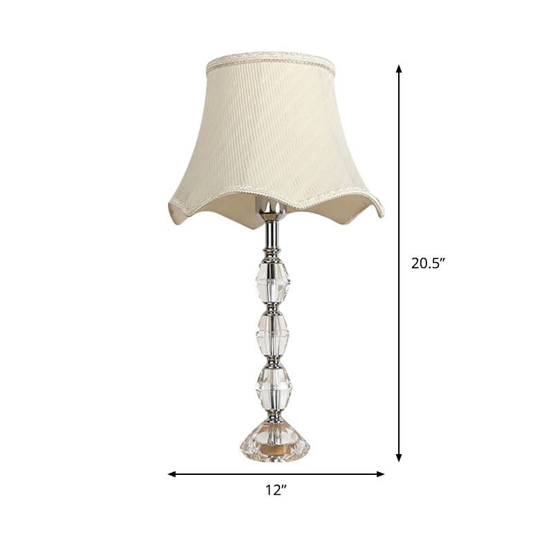 1-Light Bedroom Night Table Light Minimalism Beige Crystal Nightstand Lamp with Scalloped Fabric Shade