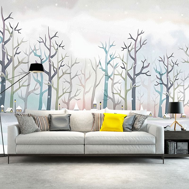 Minimalist Leafless Tree Wall Mural in Soft Color Guest Room Wall Covering, Custom Size Available