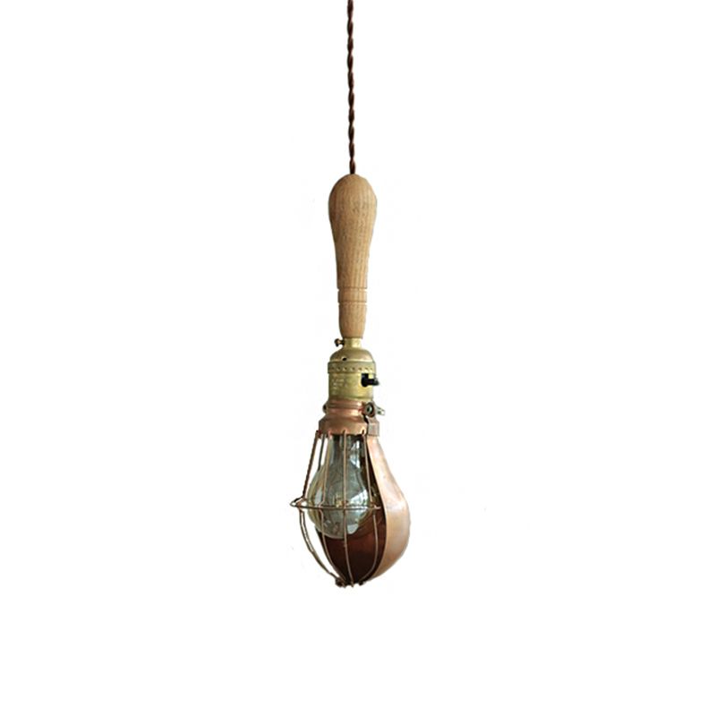 Rustic Bulb Shaped Mini Hanging Light 1 Head Wood Down Lighting Pendant with Cage Guard