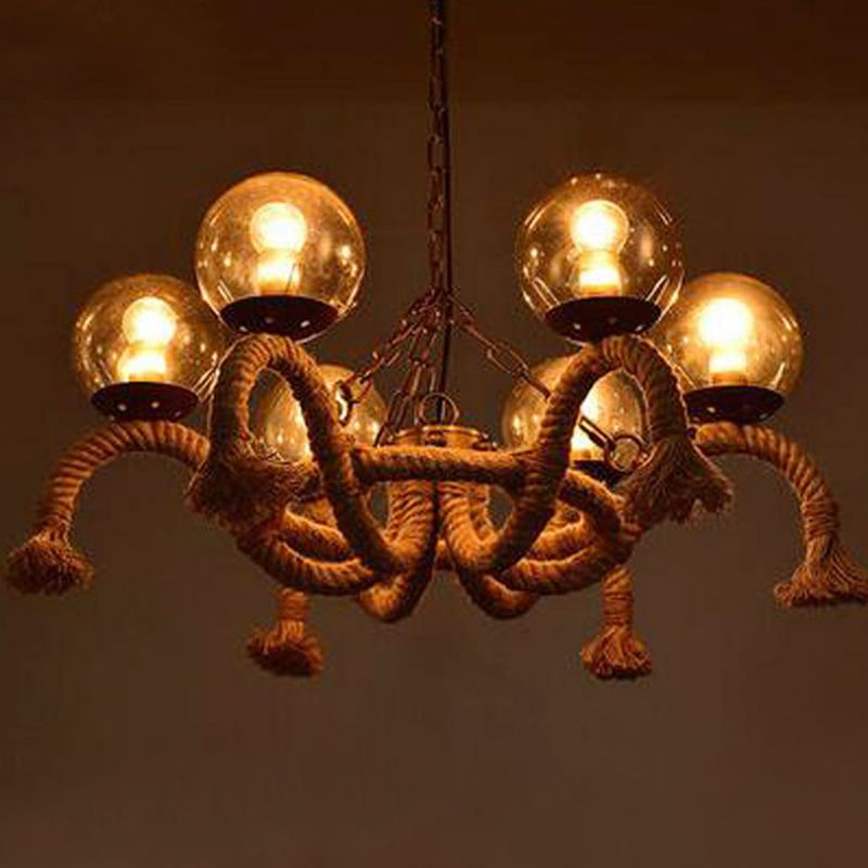 6 Heads Hanging Chandelier Farmhouse Dining Room Rope Pendant Lamp with Orb Smokey Glass Shade in Beige