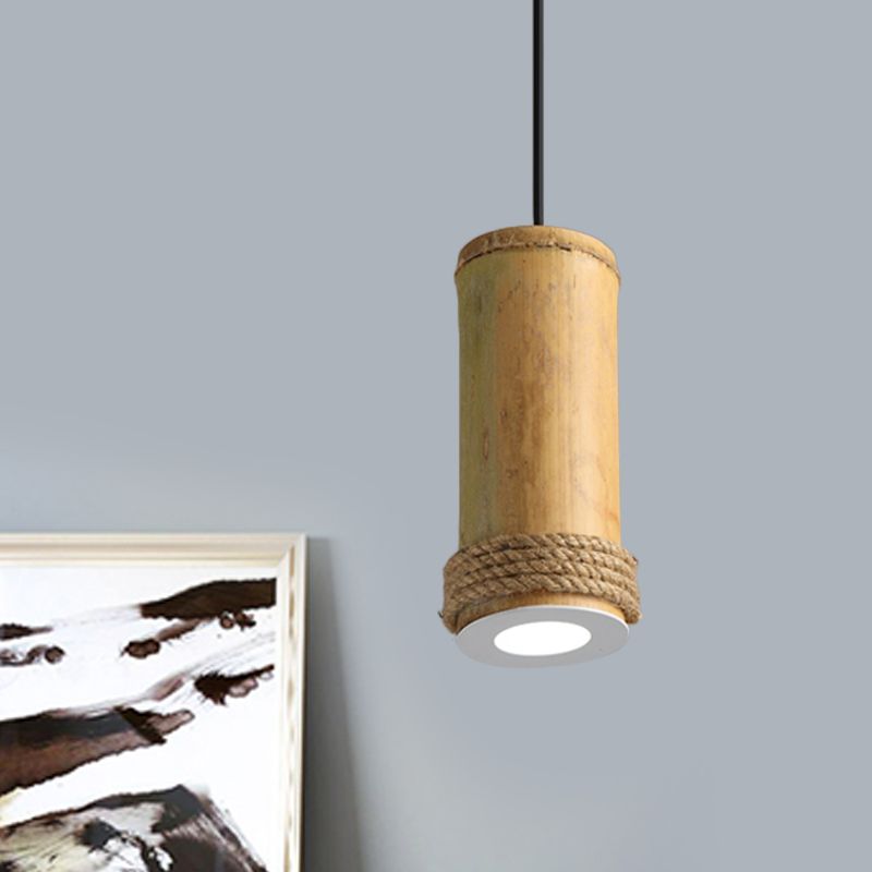 Tube Living Room Pendant Lighting Fixture Industrial Bamboo 1 Head Light Brown Hanging Light Kit with Rope Detail