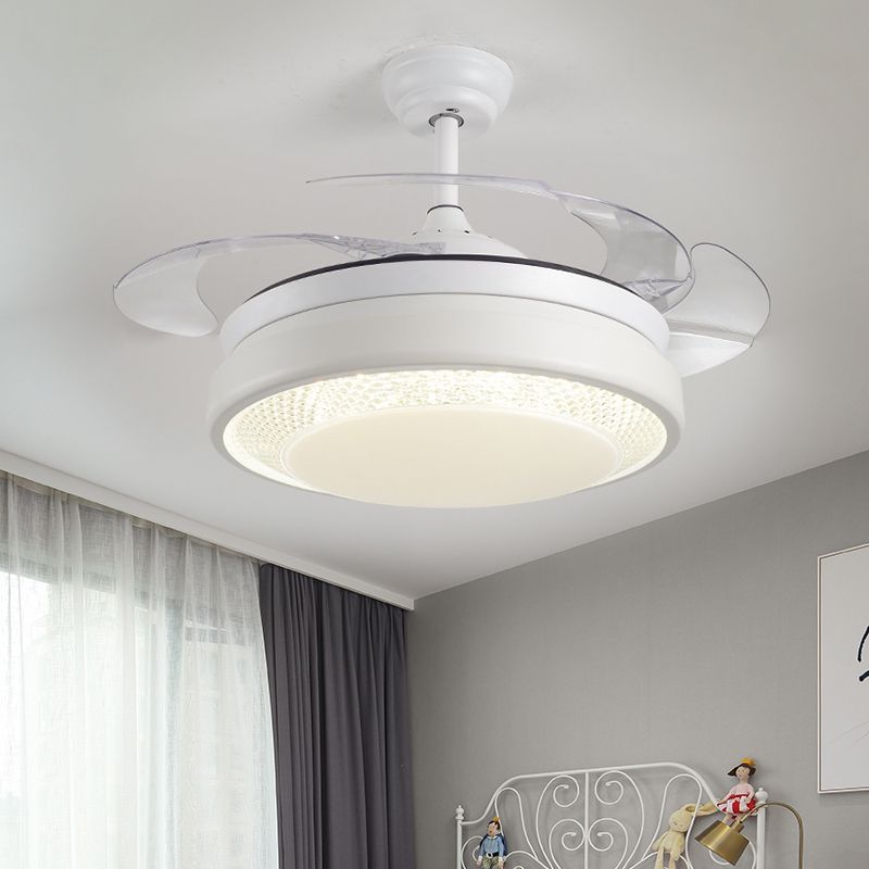 Acrylic Drum-Shaped Ceiling Fan Light Minimalism White 4-Blade LED Semi Flush Mount Lighting, 42" Wide