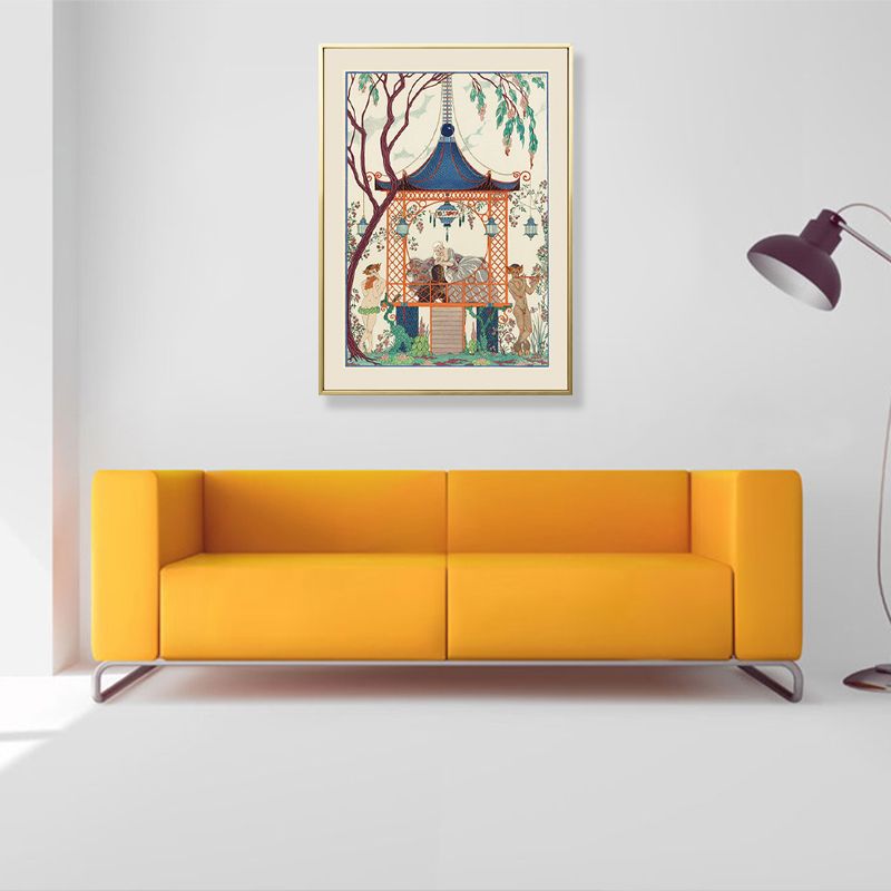 Asian Painting Print Pavilion Canvas Art Pastel Family Room Wall Decor, Textured