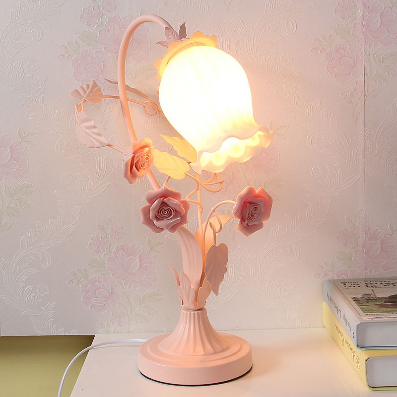 Scalloped Opal Glass Table Light Romantic Pastoral 1 Head Bedroom Night Lamp with Rose in Pink/Blue/White