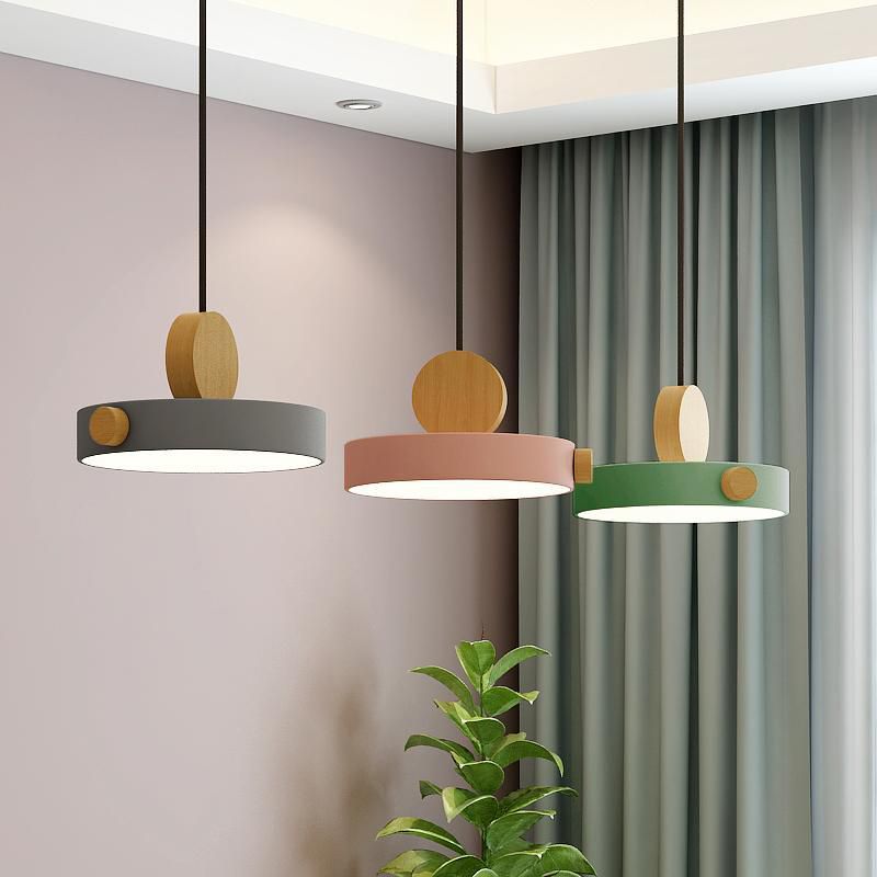 Macaron Style Hanging Light Fixture 1-Light Pendant Lamp with Wood for Living Room