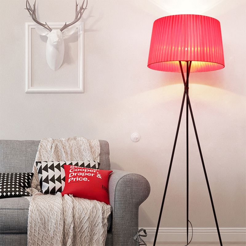 Drum Shade Fabric Floor Standing Light Modern Style 1 Bulb Pink/Black/Red Tripod Floor Lamp