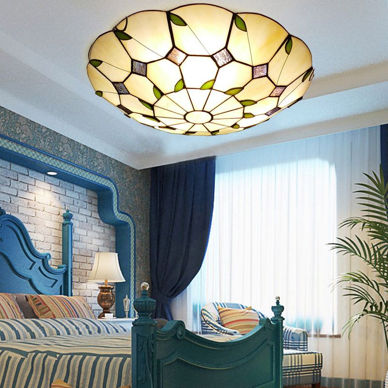 1-Light Bowl Flush Mount Tiffany Style Glass Ceiling Light for Hallway