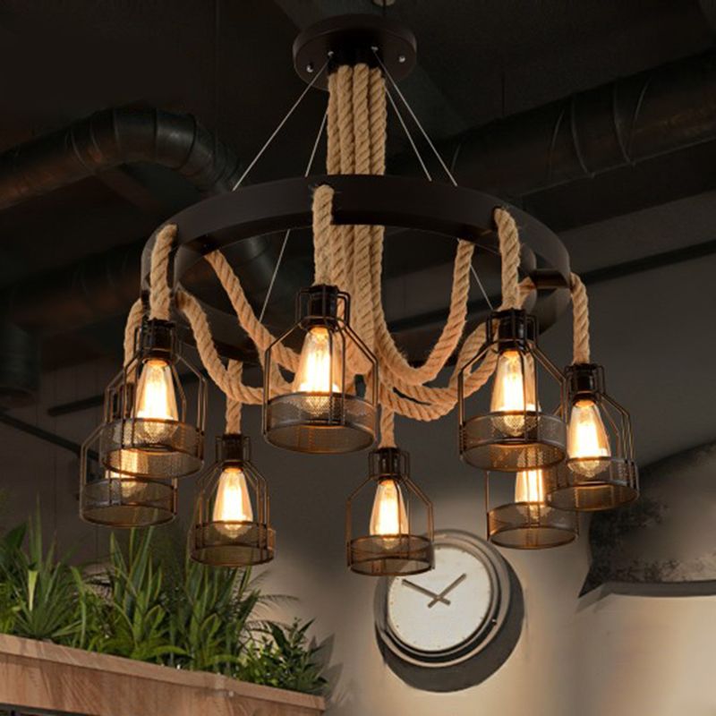 Iron Caged Chandelier Pendant Light Industrial Restaurant Hanging Light with Hemp Rope in Black