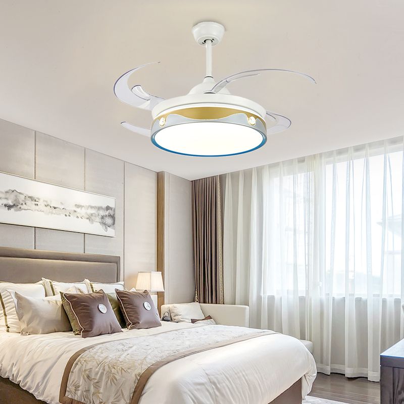 White Round Indoor Fan Lighting Contemporary Metallic 8-Blade LED Semi Mount Ceiling Lamp