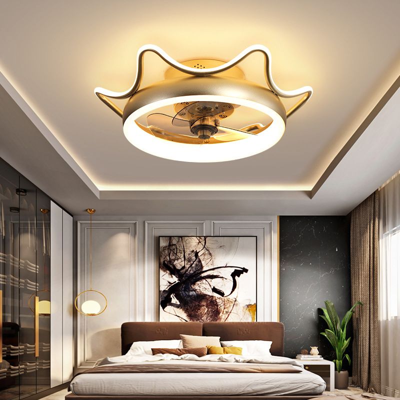 Gold Finish Round Ceiling Fan Light Simplicity LED Metal Semi Mount Lighting for Bedroom