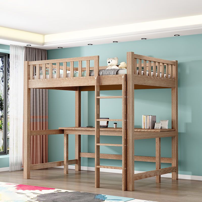 Solid Wood Loft Bed Brown Kids Bed with Built-In Ladder/Stairway