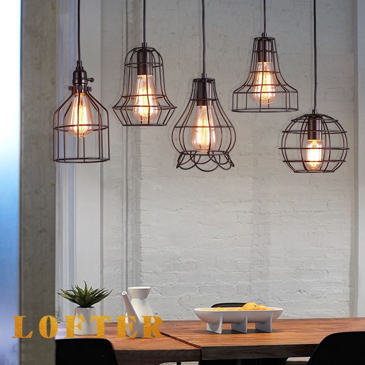 Small Cage Metal Hanging Lamp Loft Style 1 Bulb Dinner Pendant Lighting in Black