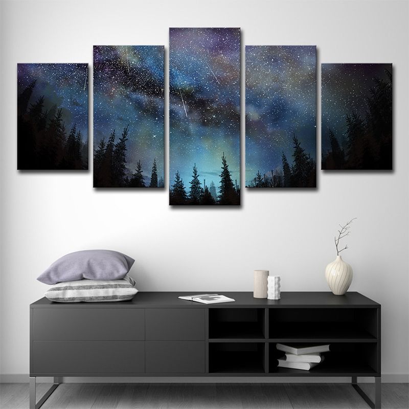 Blue Forest Starry Sky Canvas Nature Scenery Modernist Multi-Piece Wall Art Decor