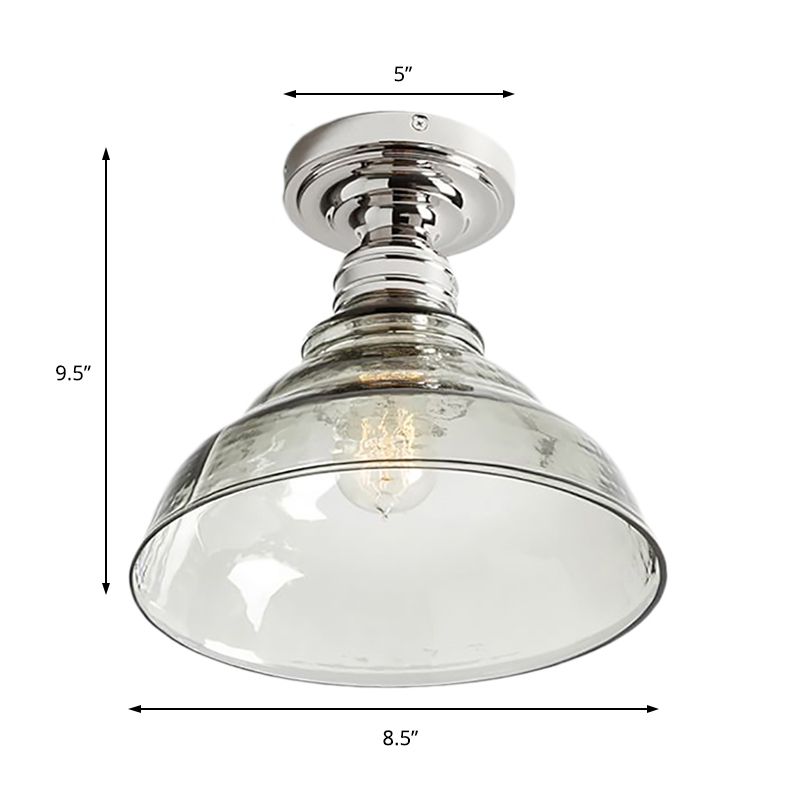 1 Light Bowl Shade Semi Flush Light Industrial Black/Chrome Clear Glass Ceiling Mount for Living Room