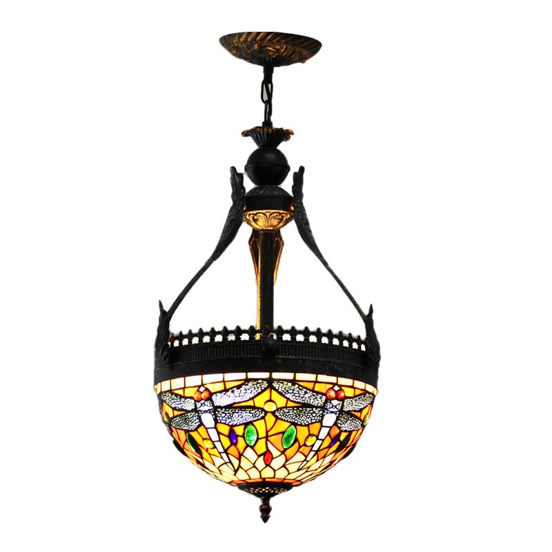 Stained Glass Dragonfly Chandelier Lamp Mediterranean 3 Lights Orange/Green Hanging Pendant