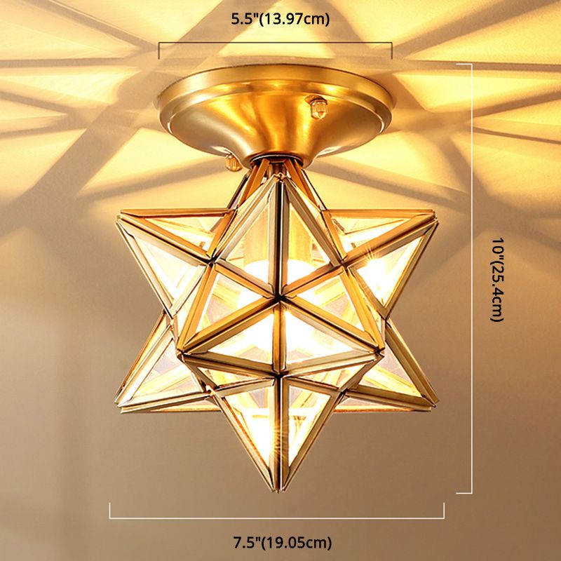 Full Brass European Style Ceiling Light with Glass Shade 1 Light Polyhedron Flush-mount Light for Bedroom