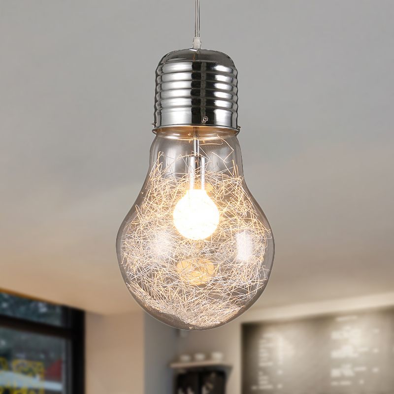 Bulb Shaped Pendant Lighting Industrial 1 Light Clear Glass Hanging Ceiling Light in Chrome, 6"/8.5"/12" Wide