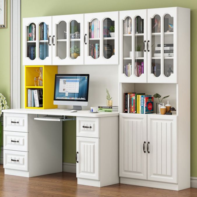 Contemporary Computer Desk with 4 Drawers and Bookshelf in Wood